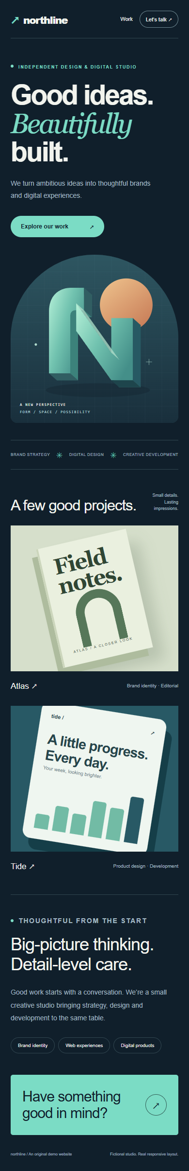 Mobile capture of the same fictional studio website, with its text and original artwork stacked into a narrow layout