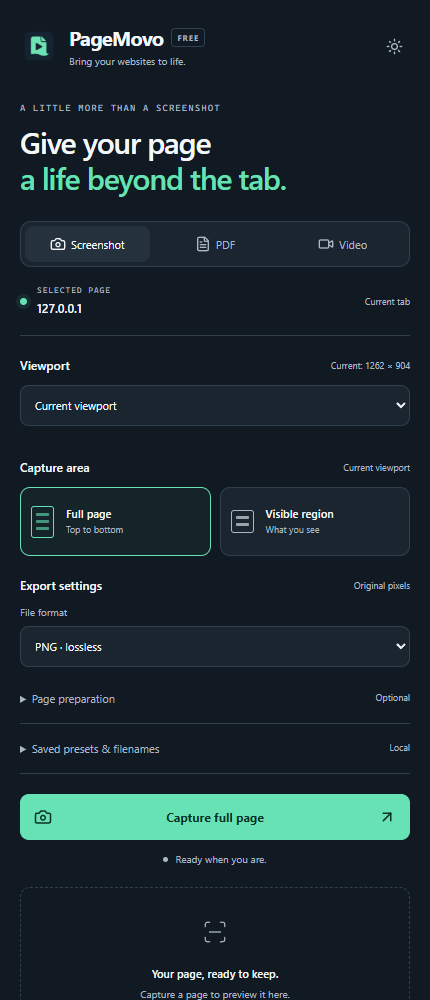 PageMovo Free capture controls in Chrome, including viewport, full-page screenshot and export settings